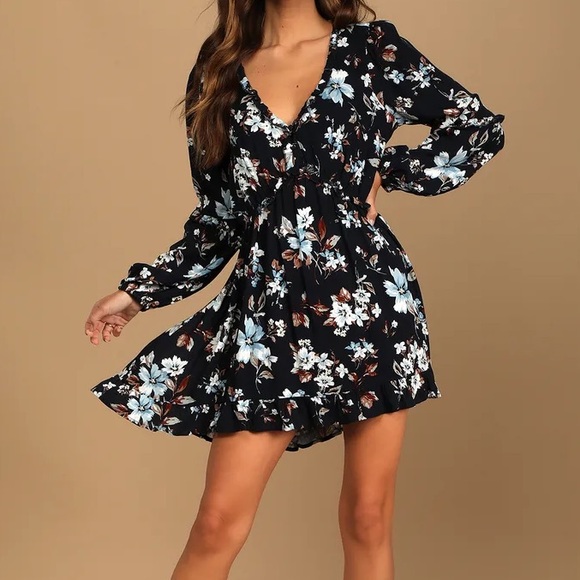 Lulus | Dresses | Nwt Lulus Lovely Blooms Navy Blue Floral Long Sleeve ...